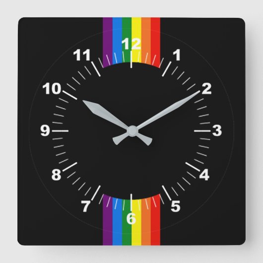 Regenbogen-Streifen auf schwarzer Unterstützung Quadratische Wanduhr (Vorderseite)