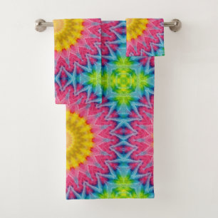 Regenbogen-Tie-Dye-Mandala mit lebendiger Symmetri Badhandtuch Set