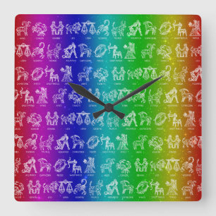 Regenbogen-Tierkreis-Uhr (Hell) Quadratische Wanduhr