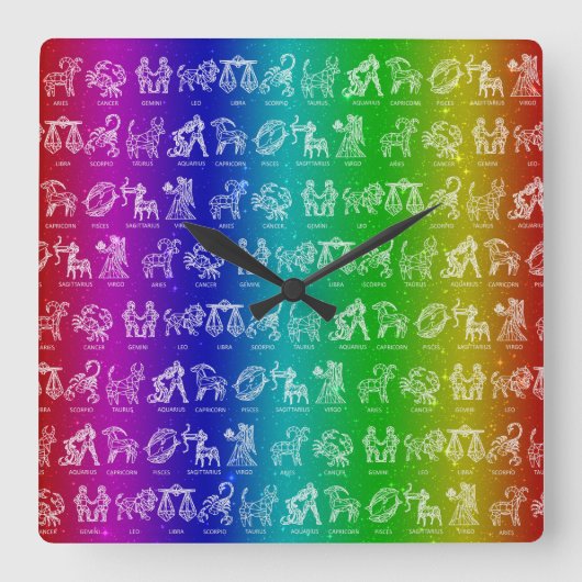 Regenbogen-Tierkreis-Uhr (Hell) Quadratische Wanduhr (Vorderseite)