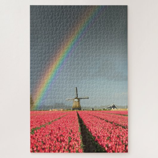 Regenbogen, Tulpen und Windmühle in Holland Puzzle (Vertikal)