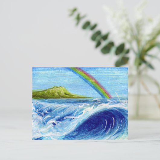 Regenbogen über Daimond Head and Wave Postkarte (Stehend Vorderseite)