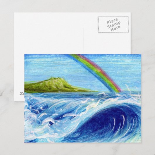 Regenbogen über Daimond Head and Wave Postkarte (Vorne/Hinten)