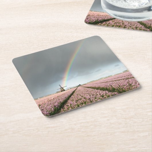 Regenbogen über Hyazinthen und eine Windmühle in Rechteckiger Pappuntersetzer (angewinkelt)