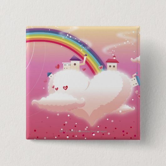 Regenbogen und Gebäude auf Wolken Button (Vorderseite)