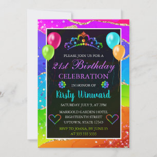 Regenbogen und Gold Glitter Achat Geburtstagsfeier Einladung