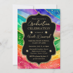 Regenbogen und Gold Glitter Alkohol Tinte Abschlus Einladung