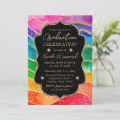 Regenbogen und Gold Glitzer Alkoholtink Abschluss Einladung (Stehend Vorderseite)