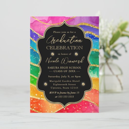 Regenbogen und Gold Glitzer Alkoholtink Abschluss Einladung (Stehend Vorderseite)