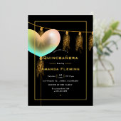 Regenbogen und Gold und Black Quinceñera Folieneinladung (Stehend vorne)