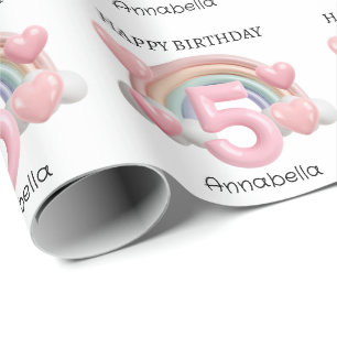 Regenbogen und Herzen 3D 5. Geburtstagsfeier Geschenkpapier