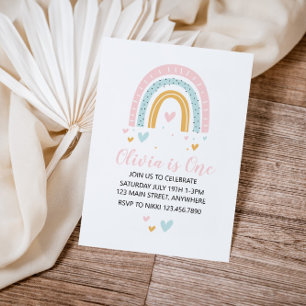 Regenbögen und Herzen Erste Geburtstagseinladung P Einladung