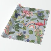 Regenbogen und rosa Flamingos in tropischen Blätte Geschenkpapier (Ungerollt)