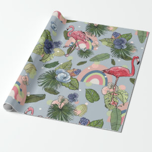 Regenbogen und rosa Flamingos in tropischen Blätte Geschenkpapier