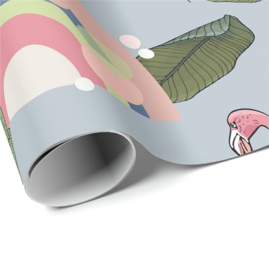 Regenbogen und rosa Flamingos in tropischen Blätte Geschenkpapier (Rolleneckpunkt)
