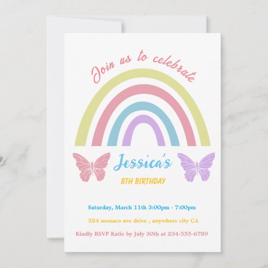 Regenbogen und Schmetterling Geburtstag für Mädche Einladung (Vorderseite)