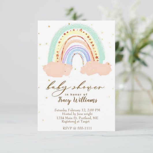 Regenbogen und Sterne Baby Dusche Einladung (Stehend Vorderseite)