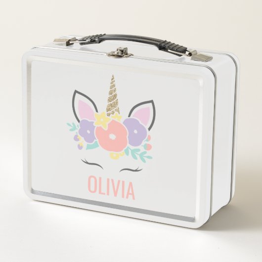 Regenbogen Unicorn Blumengesicht Schulessenbox Metall Brotdose (Vorderseite)