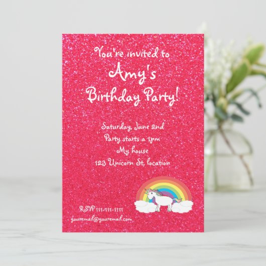 Regenbogen Unicornrosa-Glittereinladung Einladung (Stehend Vorderseite)