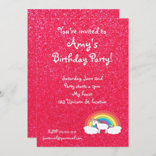 Regenbogen Unicornrosa-Glittereinladung Einladung (Vorne/Hinten)