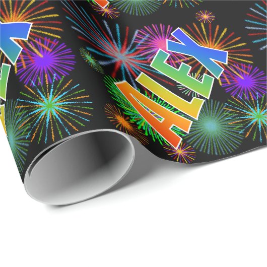 Regenbogen- Vorname "ALEX" + Feuerwerke Geschenkpapier (Rolleneckpunkt)