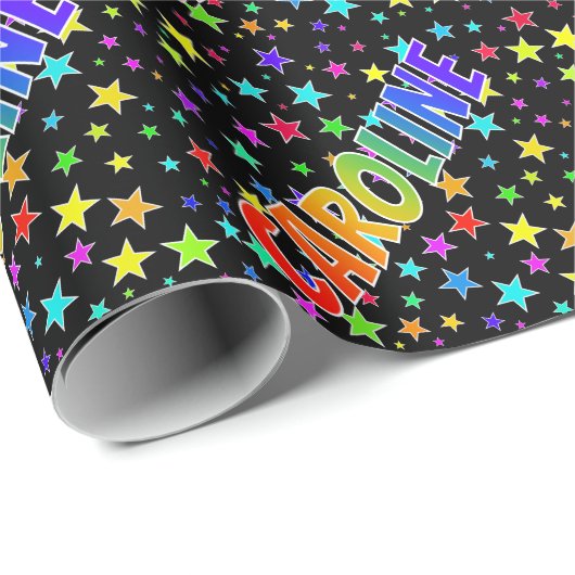 Regenbogen- Vorname "CAROLINE" + Sterne Geschenkpapier (Rolleneckpunkt)