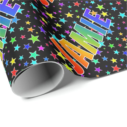 Regenbogen- Vorname "JAMIE" + Sterne Geschenkpapier (Rolleneckpunkt)