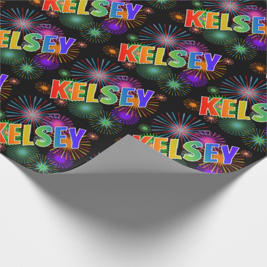 Regenbogen- Vorname "KELSEY" + Feuerwerke Geschenkpapier (Ecke)