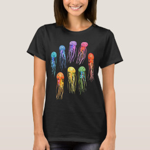 Regenbogen-Wasserfarben-Quallen auf dunklem Teal T-Shirt