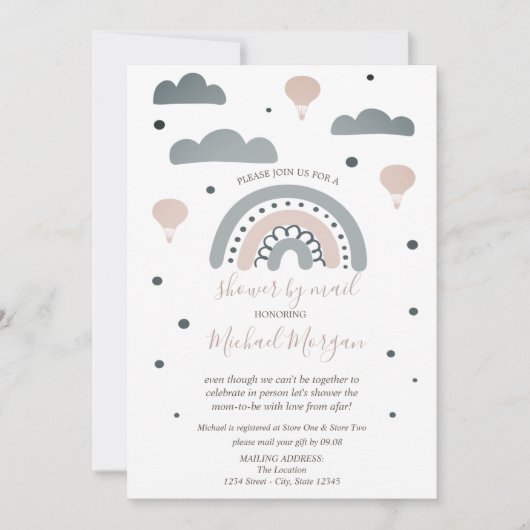 Regenbogen, Wolken, Dots Virtual Baby Dusche per M Einladung (Vorderseite)