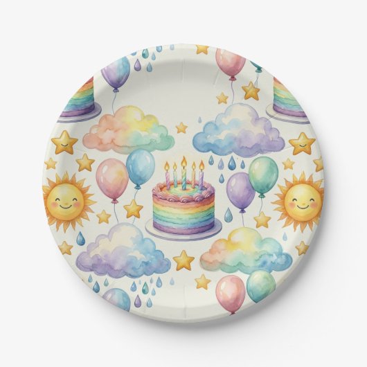 Regenbogen-Wolken-Geburtstagspapier Pappteller (Vorderseite)