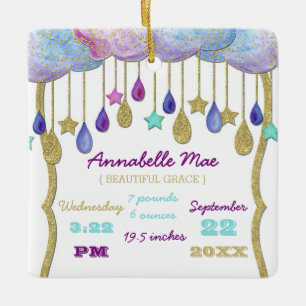 Regenbogen-Wolken-Gold-Glitter-Baby-Statistiken-An Keramikornament