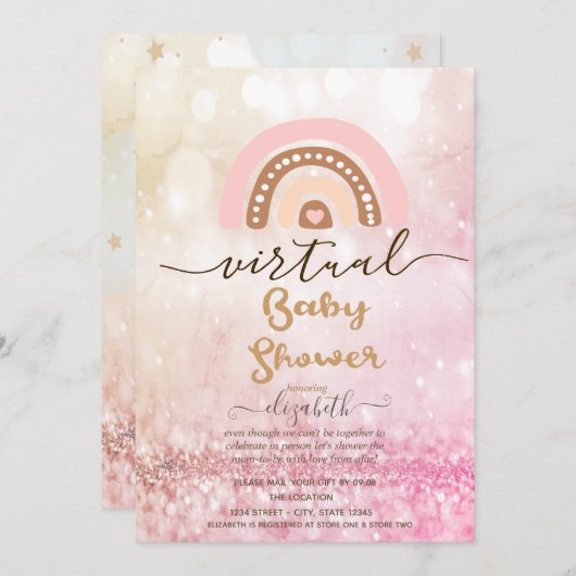 Regenbogen, Wolkenstars Bokeh Virtual Baby Dusche Einladung (Vorne/Hinten)