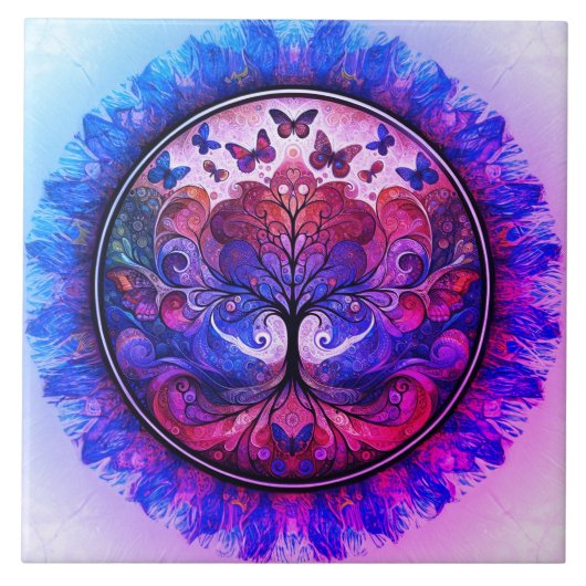 Regenbogenbaum des Lebens Antike Rustikale Fliese (Vorderseite)