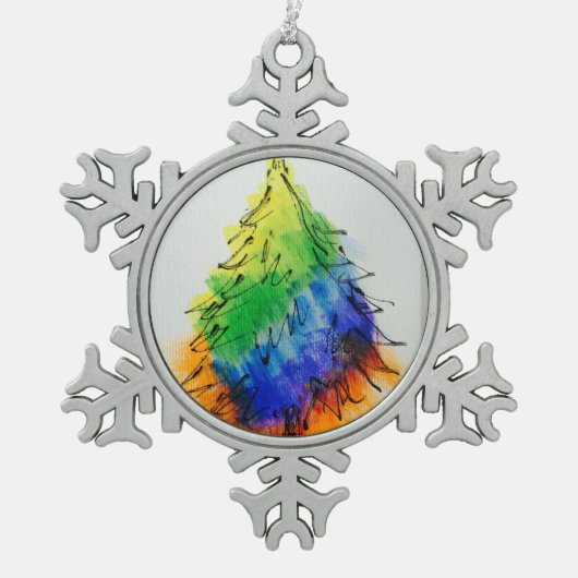 Regenbogenbaum und Streifen Schneeflocken Zinn-Ornament (Vorderseite)