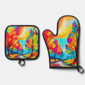 Regenbogenbäume: Lebhafter Wald Ofenhandschuh & Topflappen-Set (Vorderseite)