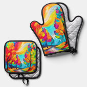 Regenbogenbäume: Lebhafter Wald Ofenhandschuh & Topflappen-Set (Vorderseite/Rückseite)