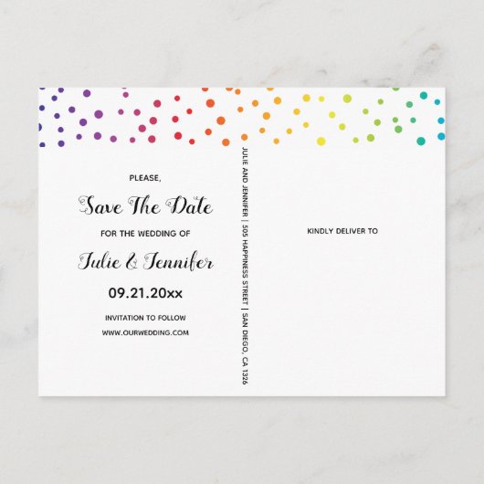 Regenbogenbäume und Konfetti-Lesben Save the Date Ankündigungspostkarte (Rückseite)