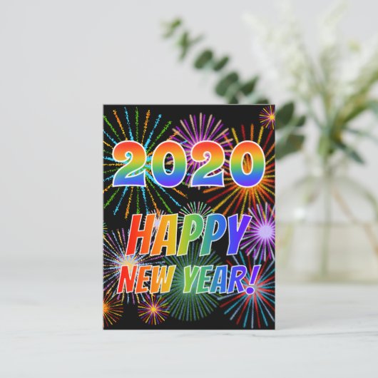 Regenbogenbriefe "2020" + "GLÜCKLICHES NEUES JAHR! Postkarte (Stehend Vorderseite)
