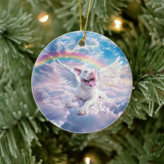 Regenbogenbrücke, weißer Hund im Himmel Keramik Ornament (Baum)