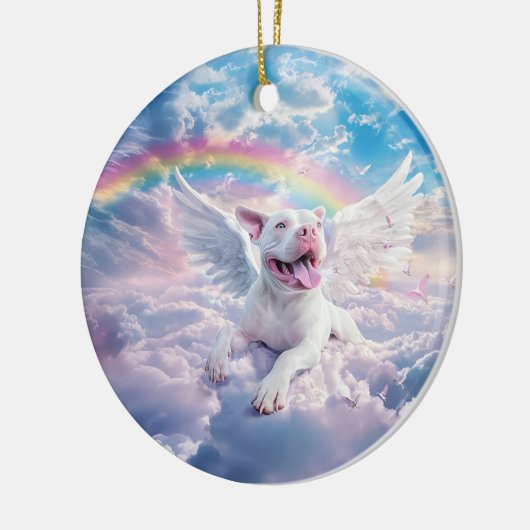Regenbogenbrücke, weißer Hund im Himmel Keramik Ornament (Links)