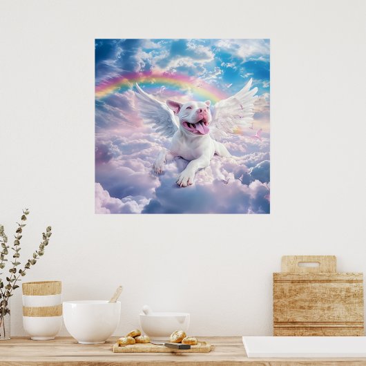 Regenbogenbrücke, weißer Hund im Himmel Poster (Küche)