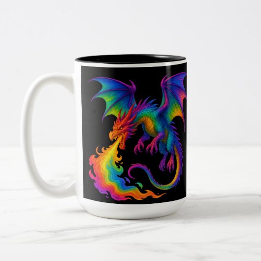 Regenbogendrache atmen farbenfrohe Flammenfantasy Zweifarbige Tasse (Links)