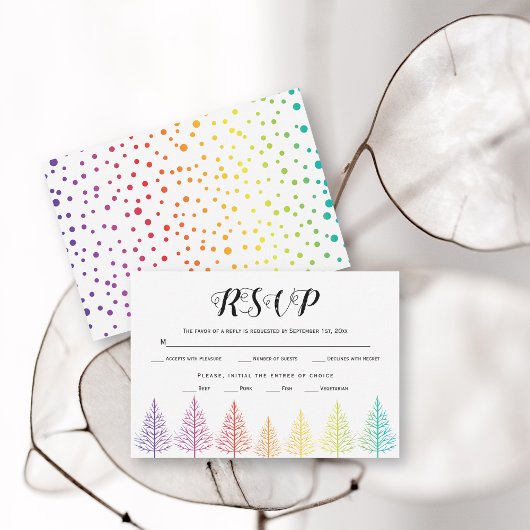 Regenbogenfarben Bäume, Konfetti-Lesben-Hochzeit RSVP Karte