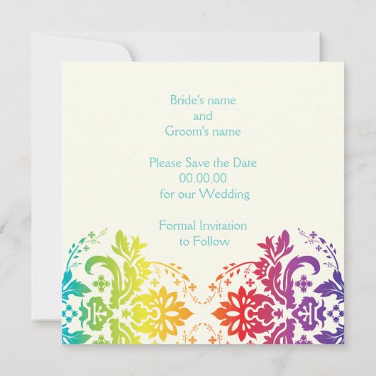 Regenbogenfarben, Damastenhochzeit Save the Date (Rückseite)