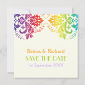 Regenbogenfarben, Damastenhochzeit Save the Date (Vorderseite)