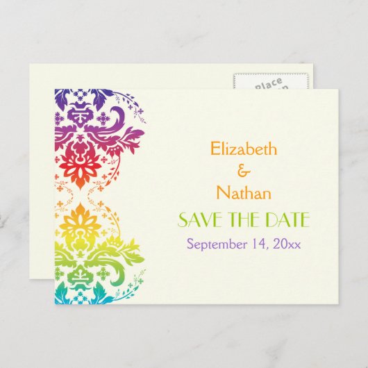 Regenbogenfarben, Damastenhochzeit Save the Date Ankündigungspostkarte (Vorne/Hinten)