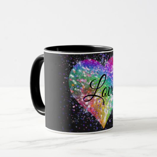 Regenbogenfarben funkeln Glitzer Herz Liebe Tasse (Vorderseite Links)
