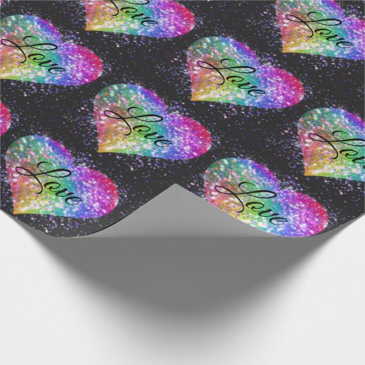 Regenbogenfarben funkeln Glitzer Herz Liebe wickel Geschenkpapier (Ecke)