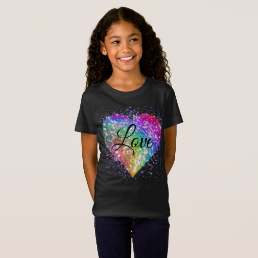 Regenbogenfarben funkelnd Glitzer Herz Liebe T-Shi T-Shirt (Vorne ganz)